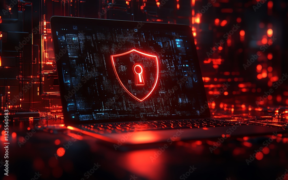 Poster Laptop with shield and open padlock symbol displayed on screen, representing online safety, cybersecurity protection, 3D rendering, digital encryption, secure data technology