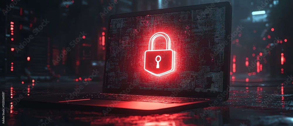 Poster Laptop with open padlock symbol on shield displayed on screen, representing cybersecurity and online safety, 3D rendering, modern digital protection, encryption technology