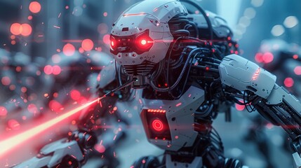 Futuristic Robot with Laser in Urban Environment at Night