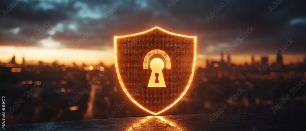 Aufkleber open padlock symbol on shield displayed on laptop screen