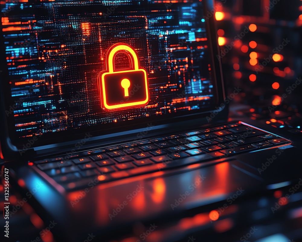 Poster open padlock symbol on shield on laptop screen