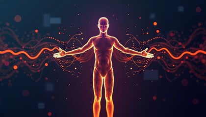 Human Body Silhouette With Data Waves For Health Technology Websites Medical Presentations Digital Healthcare Materials Biometric Visualization