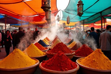 Vibrant traditional spice market featuring colorful pyramids of ground spices in yellow, red, and orange hues beneath multicolored fabric canopies, with rising aromatic steam and browsing customers cr