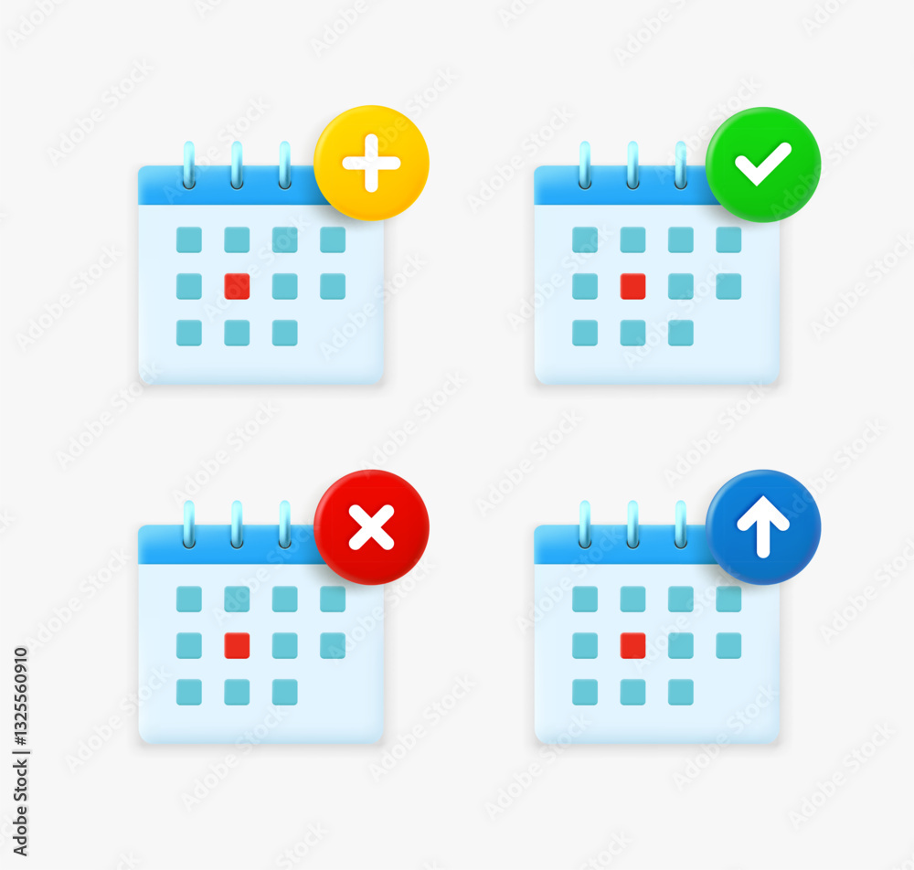 Poster calender icon set with different pictograms. 3d vector icons collection