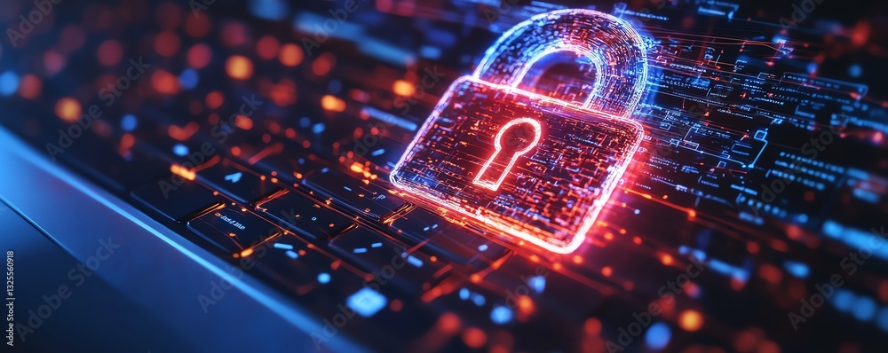 Aufkleber 3d rendering of digital padlock hologram on laptop screen, with network connections in the backgroun