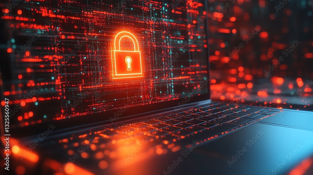 Poster 3D rendering of digital padlock hologram on laptop screen, with network connections in the background, symbolizing cybersecurity, encrypted data, digital protection, modern tech