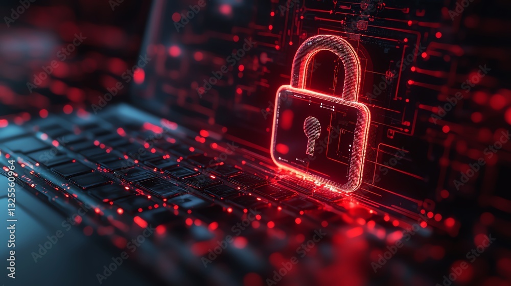 Leinwandbilder 3D rendering of digital padlock hologram on laptop screen, with network connections in the background, symbolizing cybersecurity, encrypted data, digital protection, modern tech