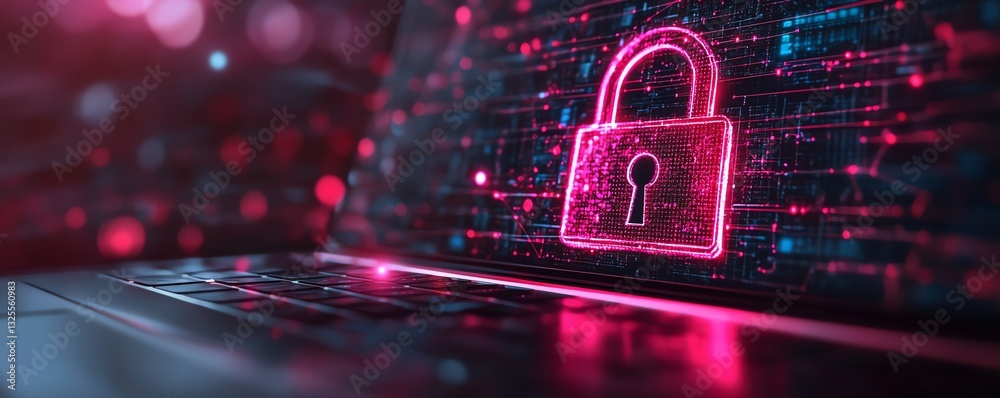 Aufkleber 3d rendering of digital padlock hologram on laptop screen, with network connections in the backgroun