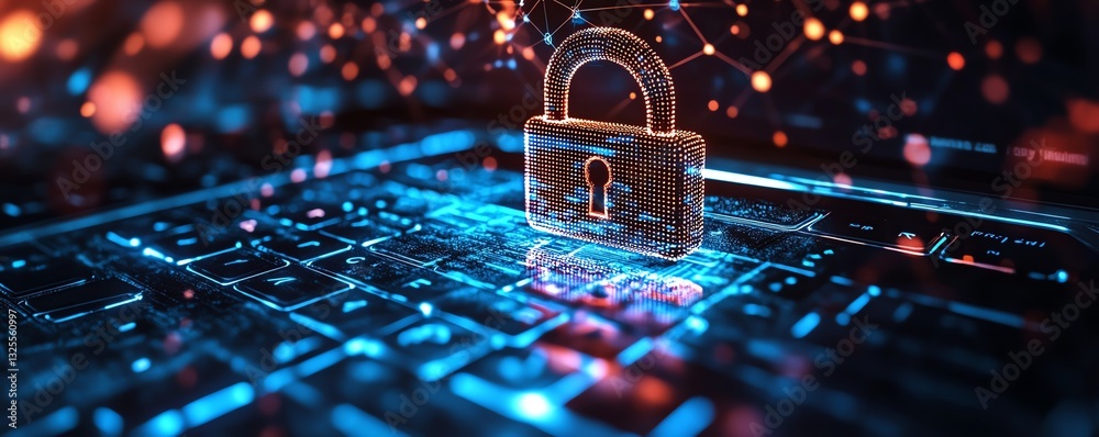 Leinwandbilder 3d rendering of digital padlock hologram on laptop screen, with network connections in the backgroun
