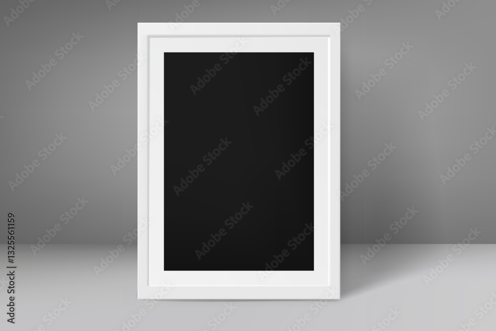 Poster blank frame with black paper in grey interior. 3d vector mockup