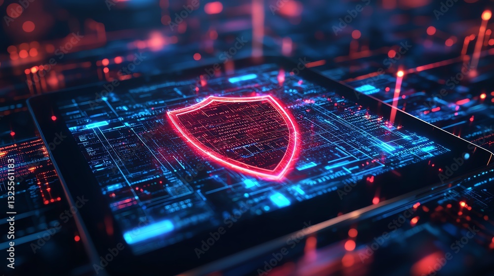 Poster 3D rendering of holographic shield icon floating above a tablet in a digital network background