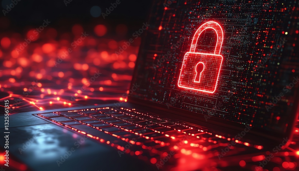 Poster 3D rendering of laptop displaying digital padlock hologram, with glowing network connections in the background, symbolizing encryption, cybersecurity, and modern digital protection