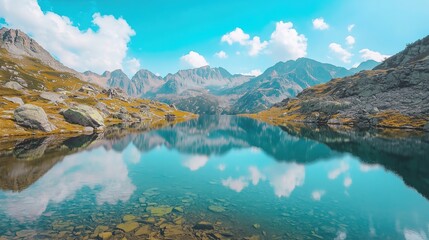 Obraz premium tranquil mountain lake reflecting blue sky and clouds surrounded by rocky landscape under clear sky