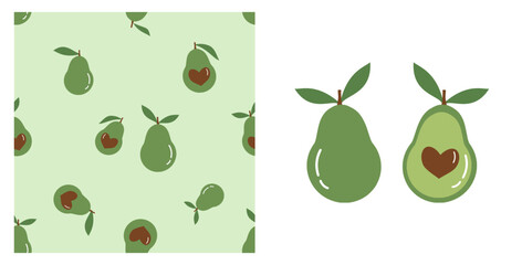 Seamless pattern of avocado with green leaves and heart shape seed on green background. Avocado icon set vector.