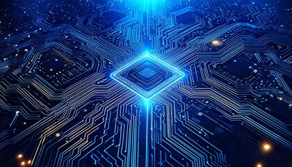 Digital Circuitry: Abstract, glowing digital circuitry, symbolizing the interconnectedness of the digital age with intricate patterns and vibrant blue hues.