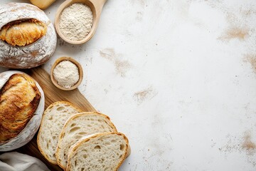 Artisan loaves, sliced bread, and flour bowls on rustic wood. Perfect for bakery, food blog, or culinary website backgrounds.