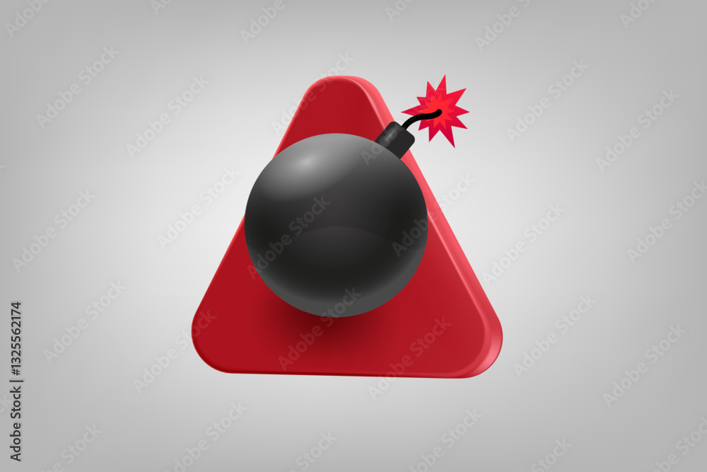 Poster Red triangle with flaming bomb. Vector 3d application icon