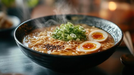 A bowl of ramen noodles with boiled eggs and green onions