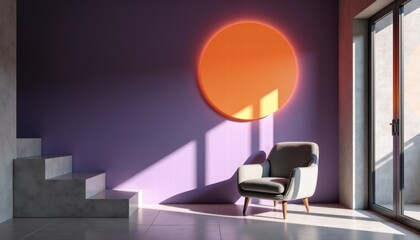 Minimalist Interior with Orange Sunset Light and Purple Shadows for Architecture Blogs, Design Websites, Mood Photography