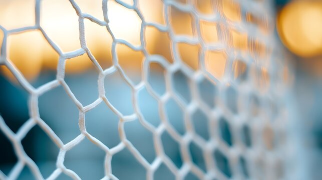 Close up of White Hexagonal Net with Blurred Warm Background Lights