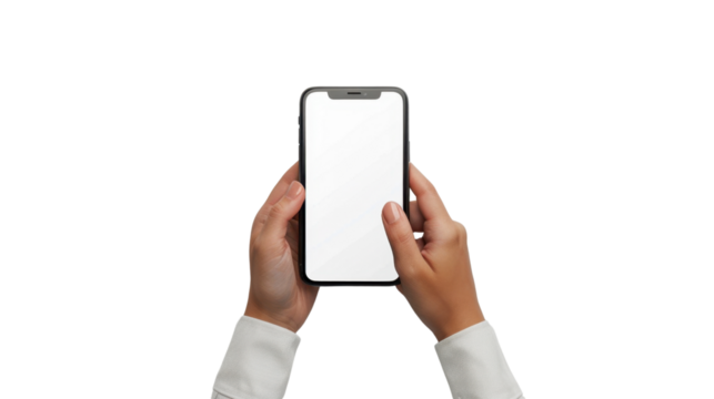Office worker holding smartphone with white screen on transparent background