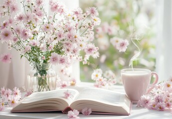Tranquil Morning Scene with Open Book, Fresh Flowers, and Cozy Cup of Tea by the Window in Soft Natural Light