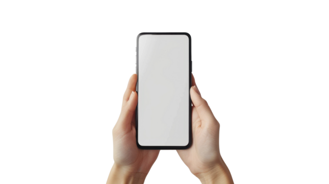 Woman holding smartphone with blank screen on transparent background