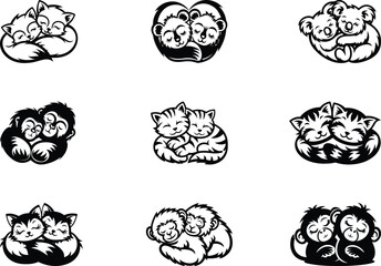 Cute sleeping animals isolated vector icon, cute sleeping animals silhouette vector illustration set, cute sleeping animals line art vector design