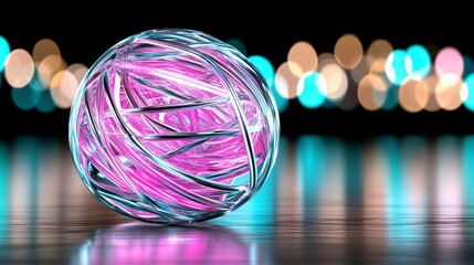 Fototapeta premium Vibrant Pink and Blue Orb on Reflective Surface with Bokeh Lights