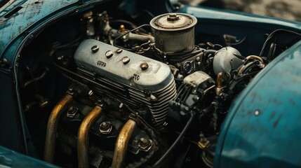 Fototapeta premium Vintage Engine of a Dusty Blue Car