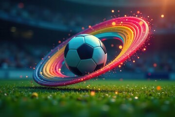 Naklejka premium Dynamic Soccer Ball Soaring Through a Vibrant Rainbow Arc on Lush Green Field