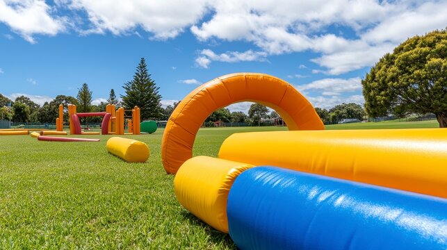 Colorful Inflatable Obstacle Course in Outdoor Park Setting