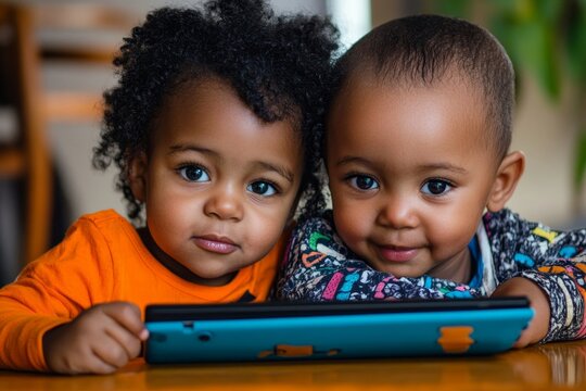 Happy siblings playing with pc tablet together