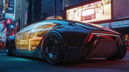 Sleek, modern car cruises futuristic cityscape. Glowing lights illuminate the bustling urban street