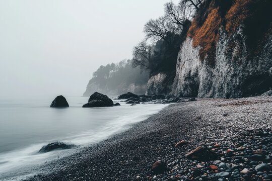 Misty coastal scene with dramatic cliffs and a pebble beach. Gentle waves lap the shore