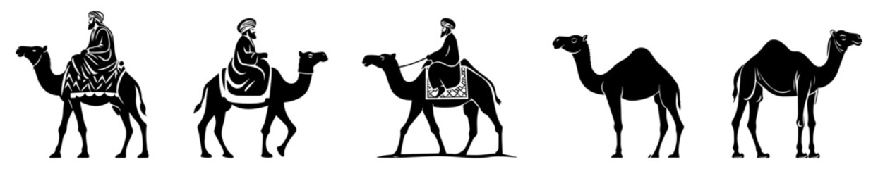 Fototapeta premium Arabian Camel and Rider Silhouette Set, Traditional Middle Eastern Travel Vector Illustration