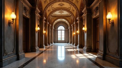 Obraz premium Elegant hallway with ornate details and marble flooring, illuminated by soft light from wall sconces, creating a grand and serene atmosphere