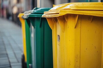 Row of colorful wheelie bins outdoors. Illustrates waste management, recycling, and urban environment.