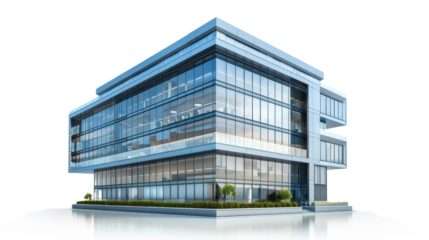 Modern office building with transparent background reflecting on white surface