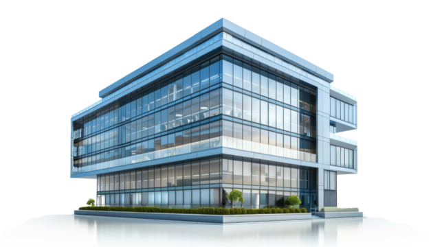 Modern office building with transparent background reflecting on white surface