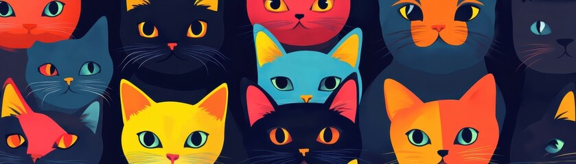 Pixel artstyle colorful cat faces, modern repeating vector pattern for techinspired aesthetics