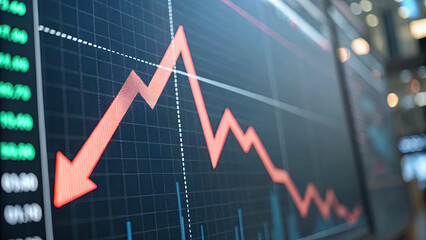 Close-up of a downward arrow graph on a digital screen symbolizing financial loss, with stock charts in the background, representing economic decline and market downturn.
