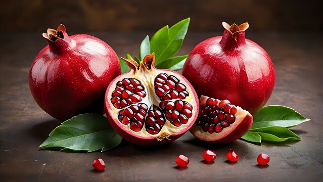 Fresh Pomegranates with Juicy Seeds on Rustic Background
