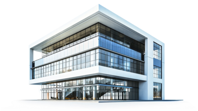 Modern office building with transparent background representing business and corporate architecture