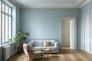 Elegant living room with light blue walls, hardwood floors, and a comfortable seating area.