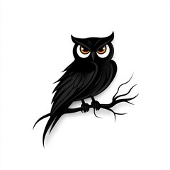 Fototapeta premium Stylized black owl with striking orange eyes perched on a branch.