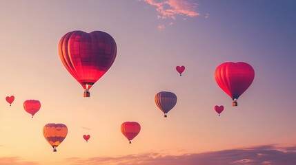 Fototapeta premium Heart Shaped Hot Air Balloons Floating in Romantic Sunset Sky Atmosphere