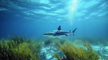Naklejka premium Shark Swimming Underwater Near the Seabed with Seaweed and Light