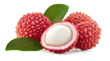 Juicy Lychee with cut in half and leaves