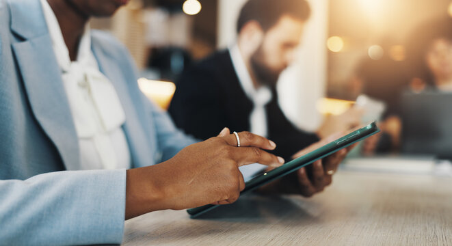 Tablet, scroll and hands of person in cafe for restaurant rating, online review and search. Typing, hospitality survey and bakery website with closeup of customer in coffee shop for digital menu